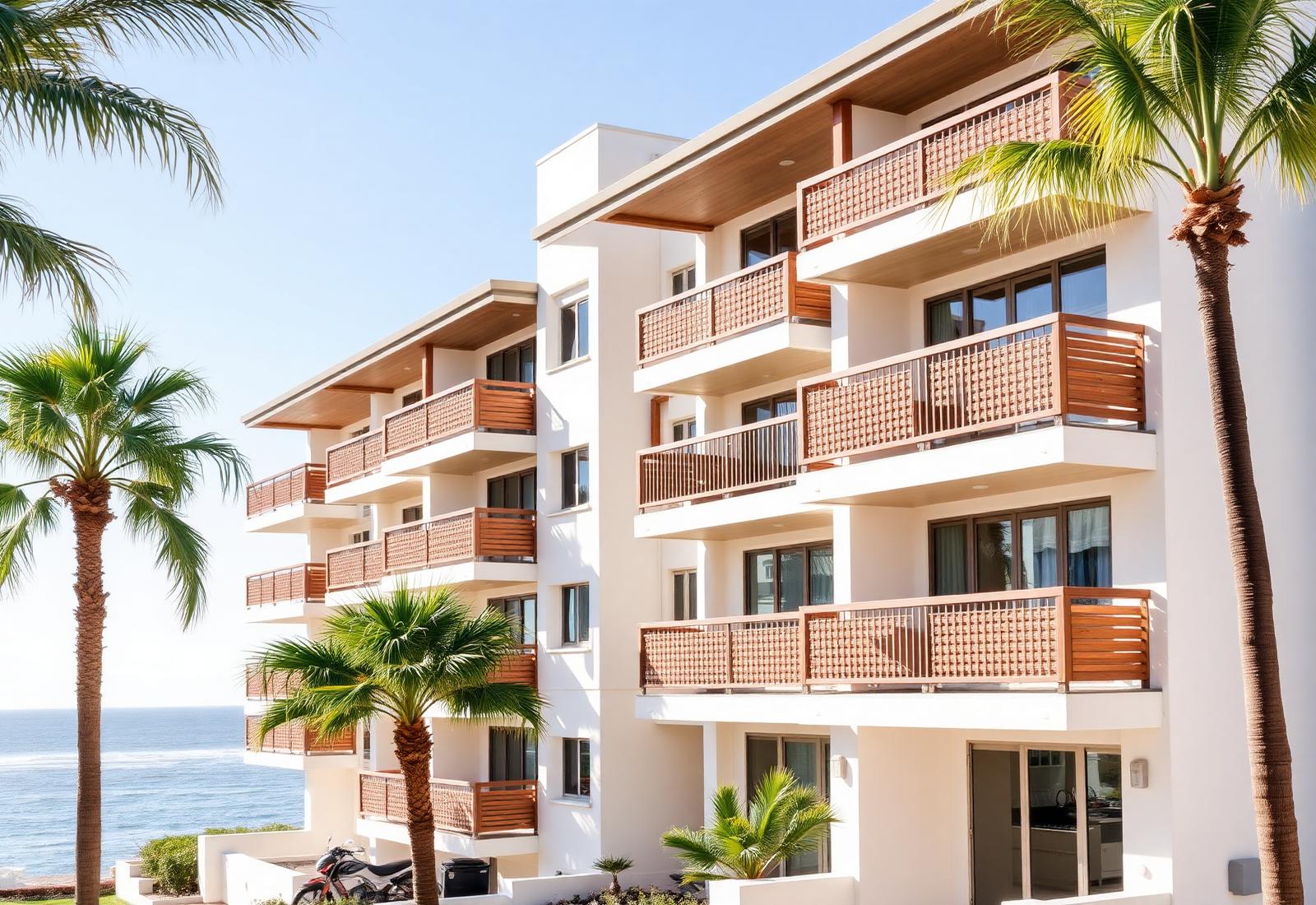 Coastal Southern California multifamily apartment building with wood-railed balconies